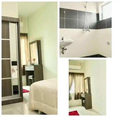 two pictures of a bathroom with a bed and a sink at Ipoh Tambun Lost World Le Greens in Ipoh