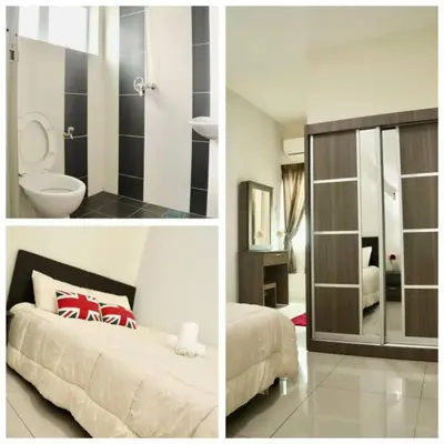 two pictures of a bedroom with a bed and a bathroom at Ipoh Tambun Lost World Le Greens in Ipoh