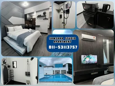 a collage of pictures of a room with a bed and a tv at SAMSARA Studio Apartment at Kompleks Mutiara GM in Gua Musang