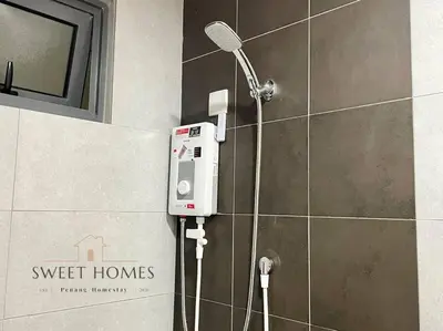 a shower in the corner of a bathroom at R&W 1-5pax B'worth Prai #Netflix #6minPenangBridge in Perai