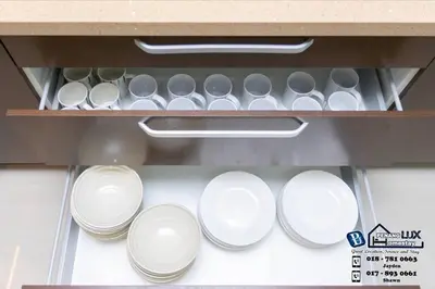 a bunch of white plates in a drawer at Tanjung Bungah 6BR 20Pax Bungalow w/ Snooker BBQ in Tanjung Bungah