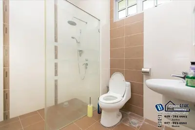 a bathroom with a shower and a toilet and a sink at Tanjung Bungah 6BR 20Pax Bungalow w/ Snooker BBQ in Tanjung Bungah
