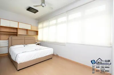 a bedroom with a bed and a large window at GeorgeTown 6BR KTV Bungalow 28Pax in George Town