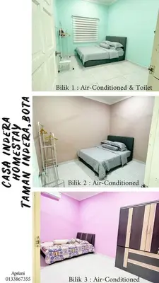 two pictures of a room with a bed and a room with pink at Casa Indera in Kampung Bota Kiri
