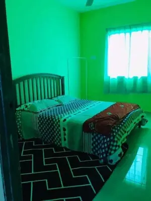 a green bedroom with a bed in a room at Hijau Homestay in Sungai Besar