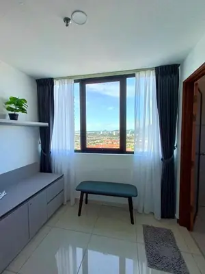 a living room with a bench and a large window at LOVELY 2ROOM SUITE6PAX@SKY CONDO JURU SENTRAL in Bukit Mertajam